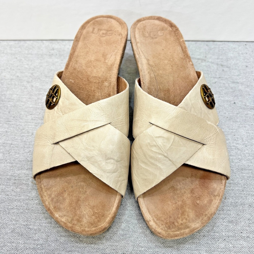 UGG Lyra‎ Light Tan Leather Sandals Women's Cork Wedge Size 8 F19217A